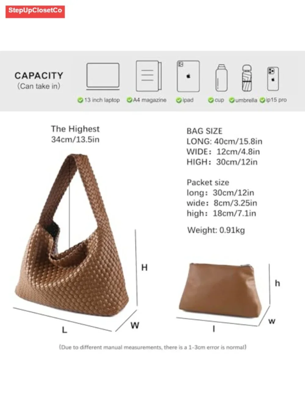 Vegan Leather Woven Hobo Tote Bag with Pouch, Wide Strap, Large Capacity